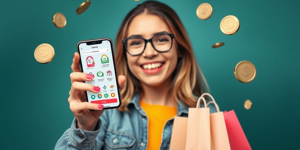 Person with smartphone, shopping bags, and coins
