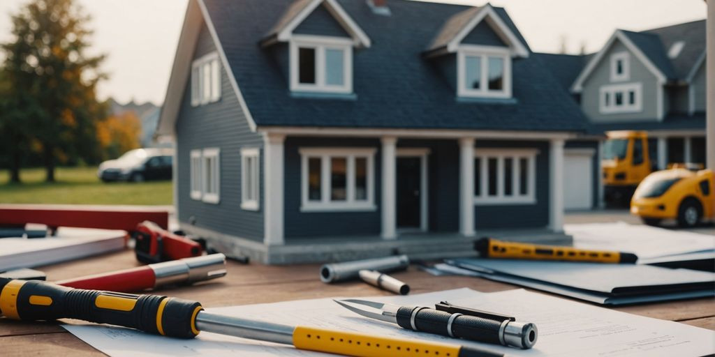 House, tools, and loan documents for home expansion.