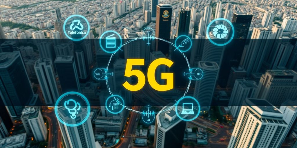 Aerial city view with 5G technology icons overlay.