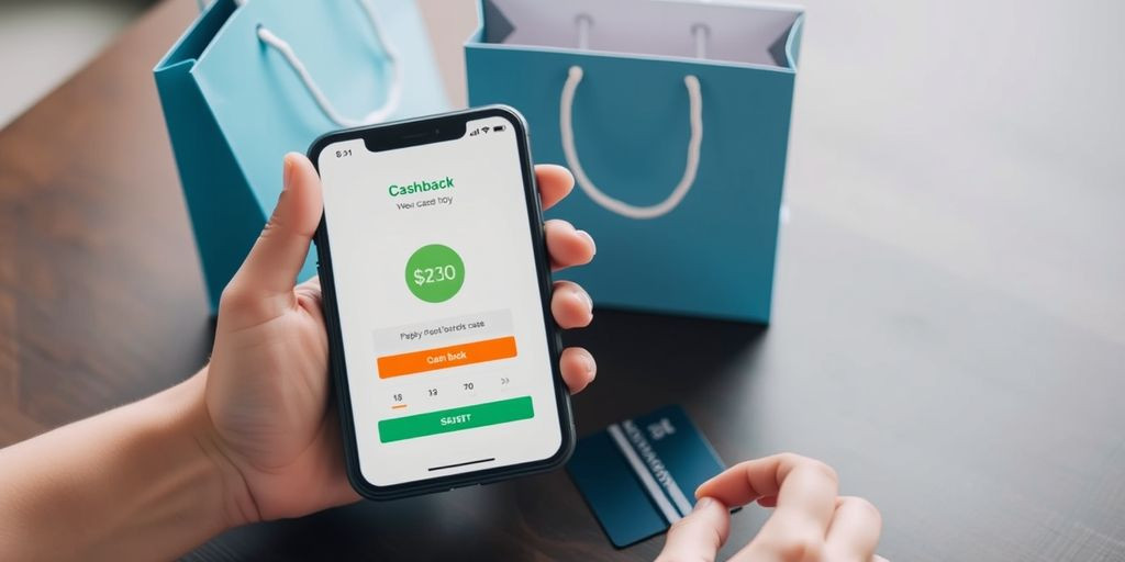 Person using cashback app with shopping bags