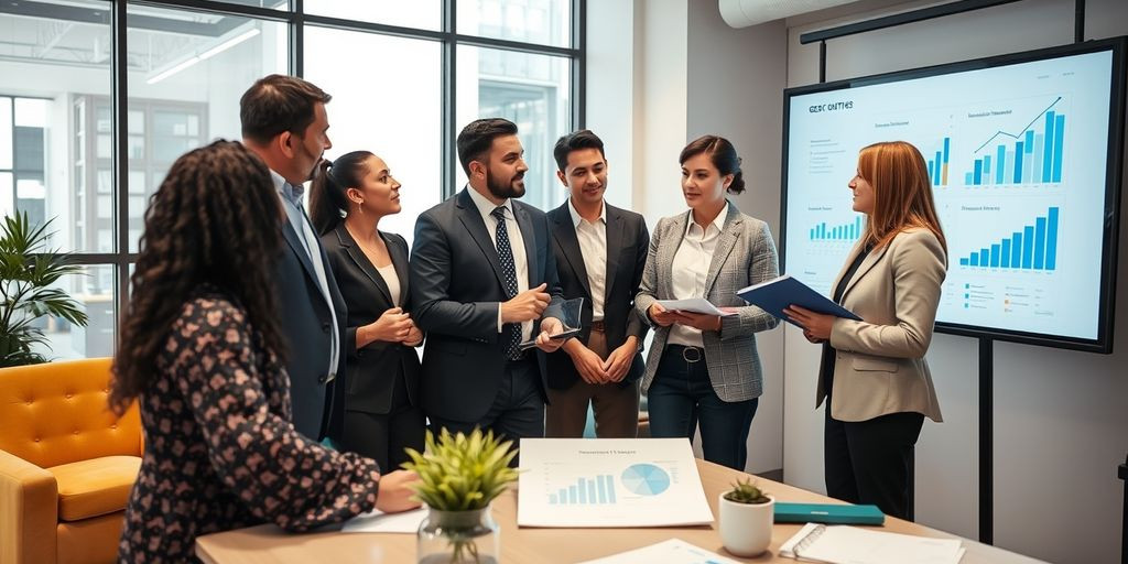 Business team discussing growth strategies with charts.
