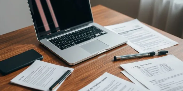 Mesa com laptop e documentos fiscais.