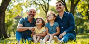 Família feliz em parque ensolarado