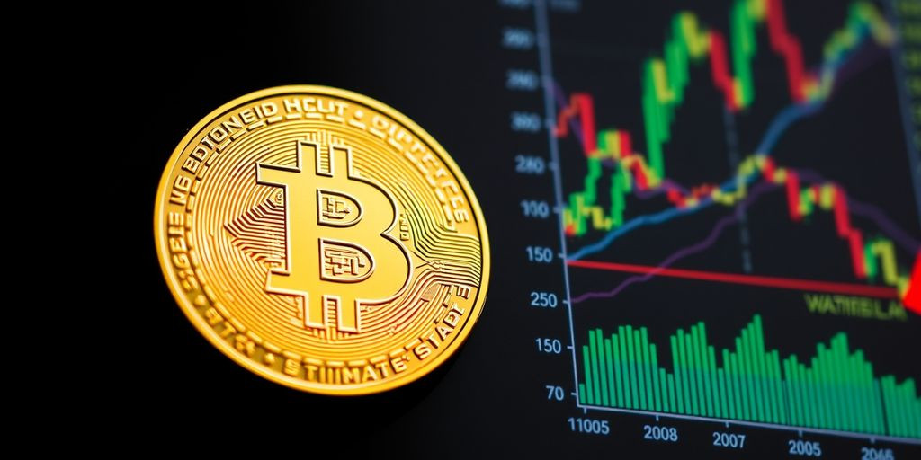 Moeda de Bitcoin com gráficos ao fundo.