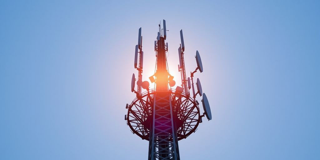 Torre de telecomunicações com antenas 5G ao pôr do sol.