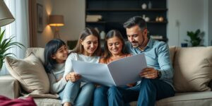 Família revisando documentos com corretor de seguros