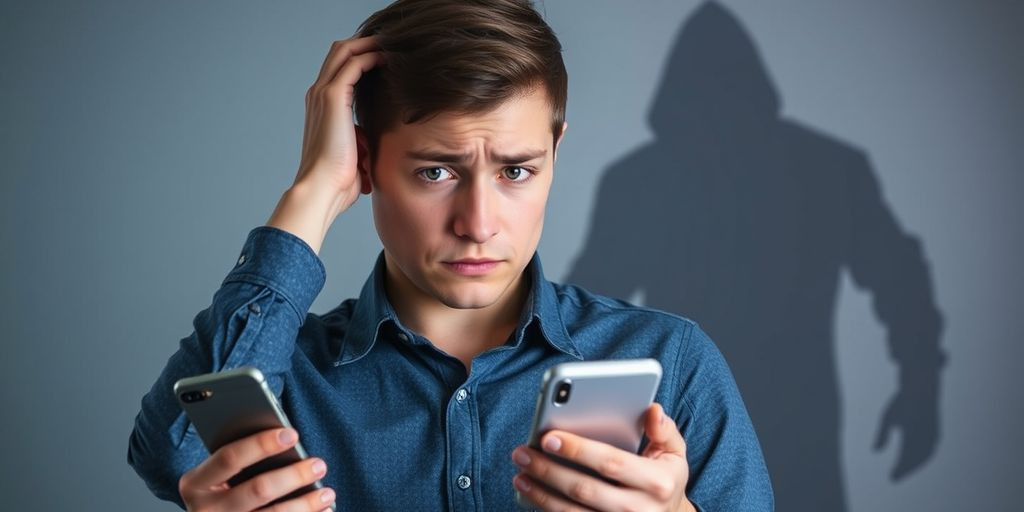 Worried person with smartphone, shadowy figure behind.
