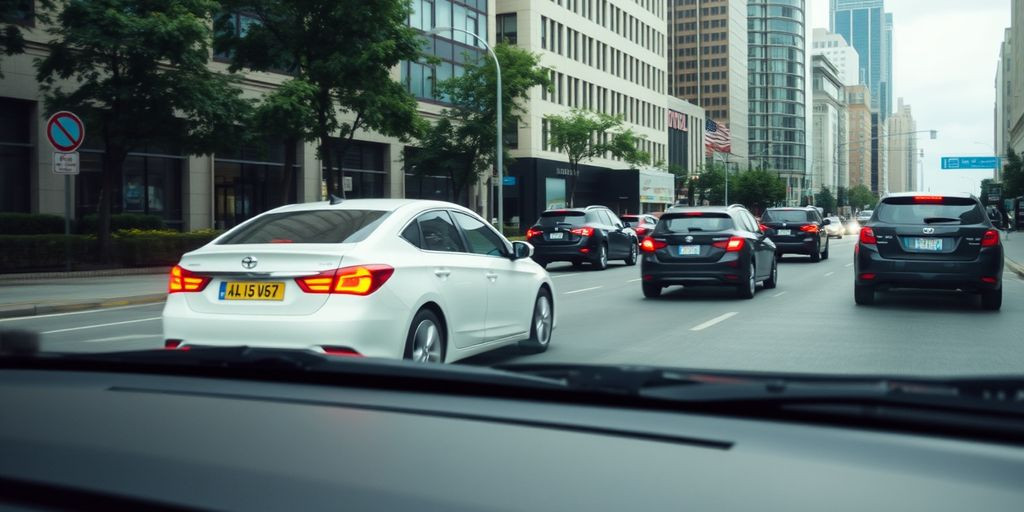 Car driving in busy city street
