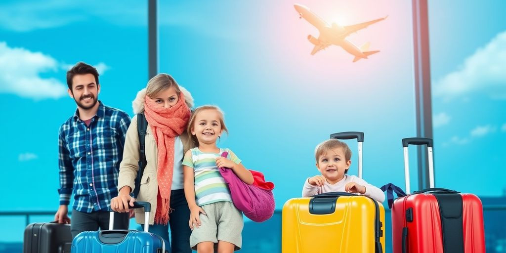 Family at airport with suitcases