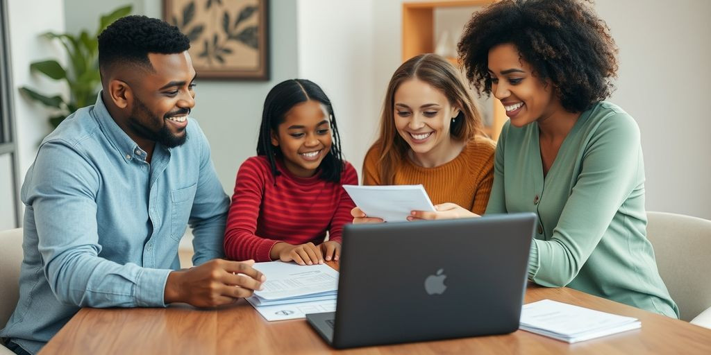 Family with advisor discussing finances at table