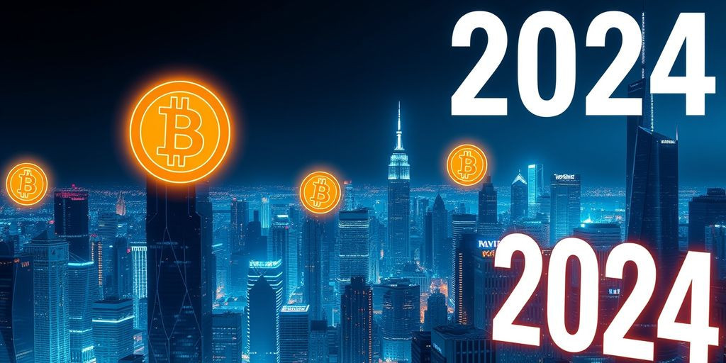 Futuristic city with glowing Bitcoin symbols