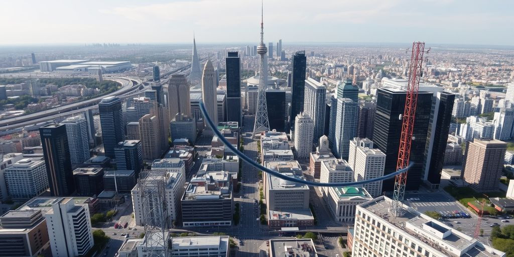 Cityscape with telecommunications infrastructure