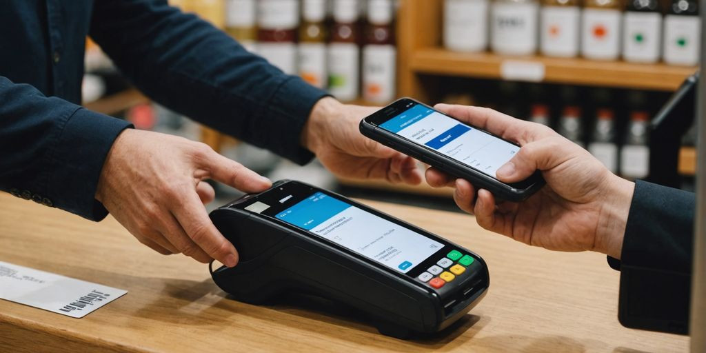 Person making contactless payment with smartphone