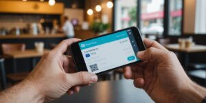 Mão segurando smartphone com app de pagamento digital