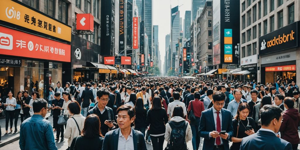 People using smartphones on a busy city street.