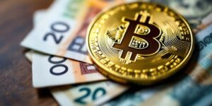 Uma moeda Bitcoin sobre notas de dinheiro.