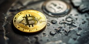 Uma moeda Bitcoin em uma superfície texturizada.