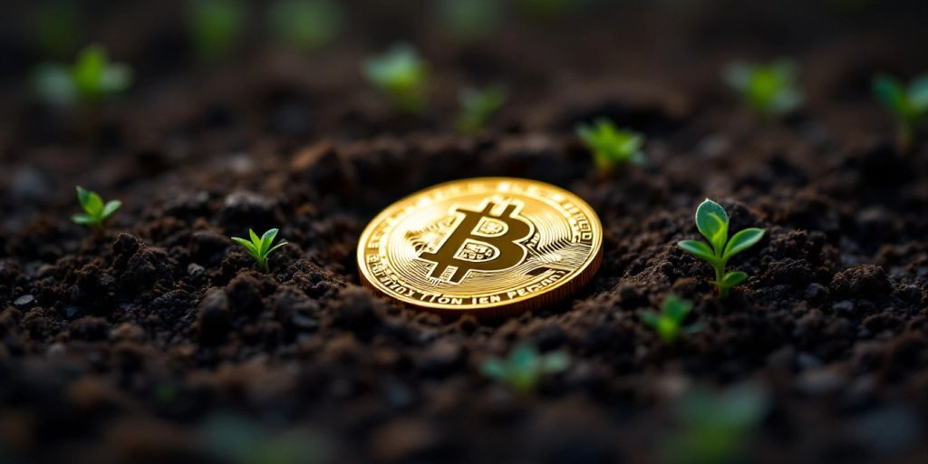 Moeda Bitcoin em solo escuro com plantas verdes.