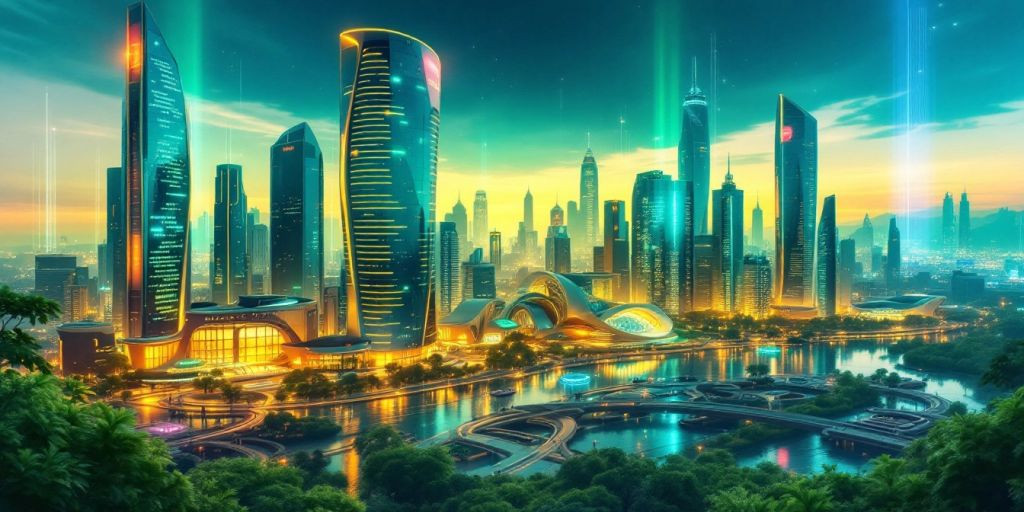 Cidade futurista com elementos digitais e natureza.