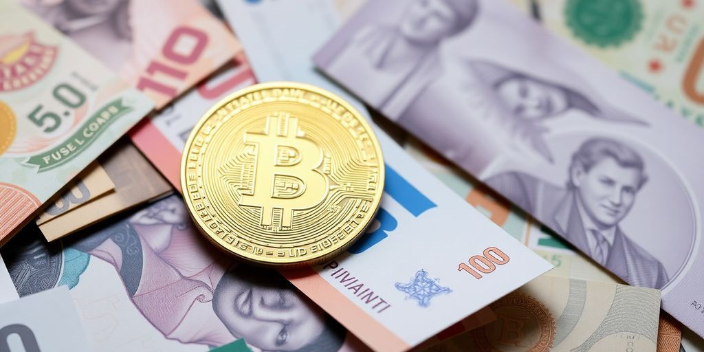 Imagem de uma moeda Bitcoin sobre notas de moeda fiduciária.