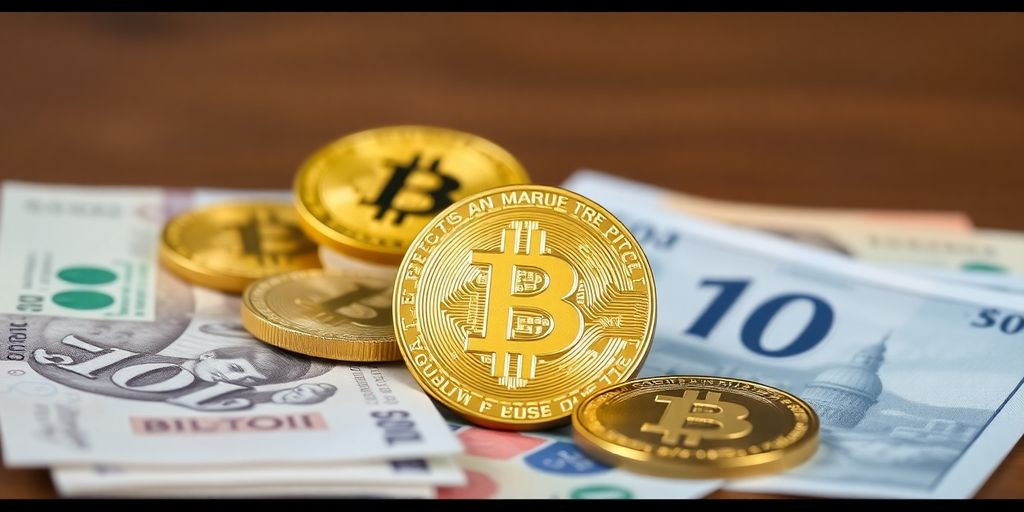 Imagem de moedas Bitcoin e notas de moeda fiduciária.