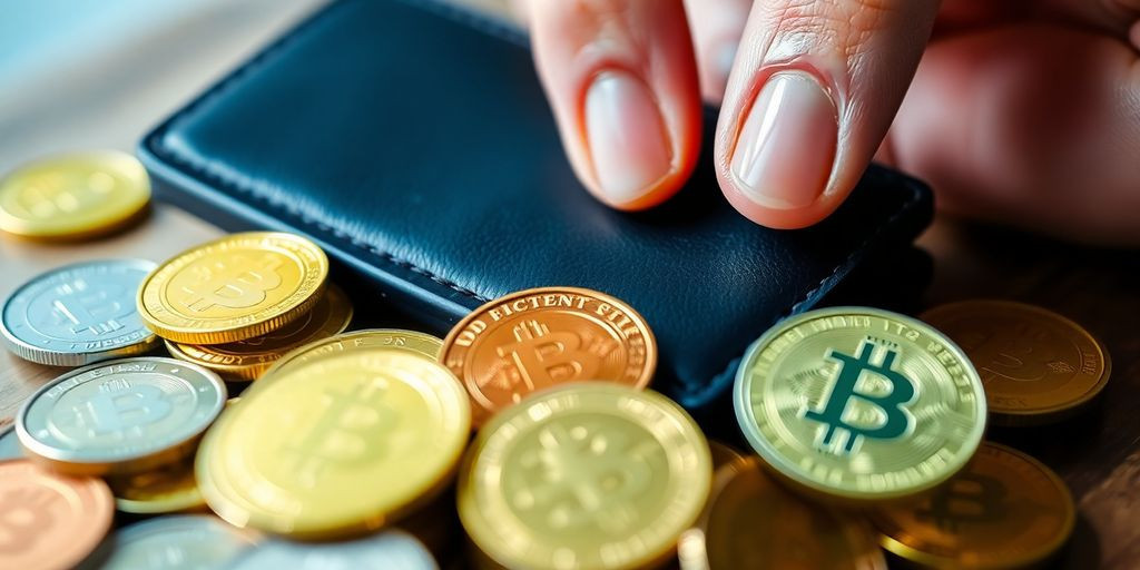 Pessoa segurando uma carteira digital com criptomoedas.