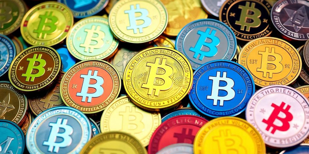 Imagem de várias criptomoedas em destaque.