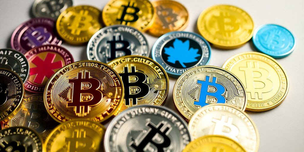 Imagem de moedas de Bitcoin e outras criptomoedas.