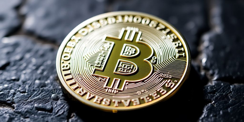 Moeda Bitcoin em foco sobre uma superfície texturizada.