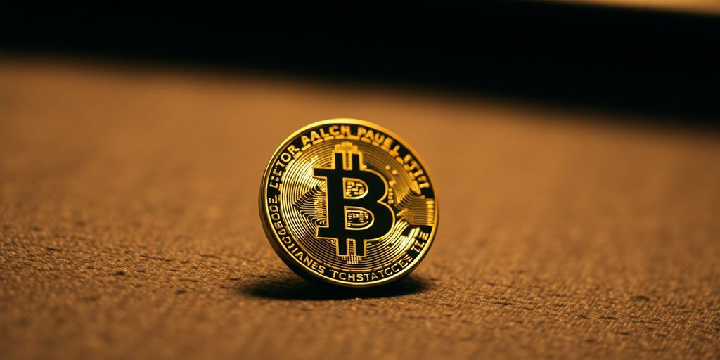 Imagem de uma moeda Bitcoin em uma superfície texturizada.
