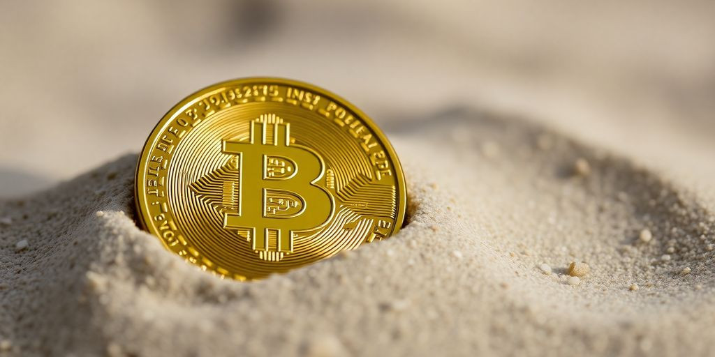 Uma moeda Bitcoin em cima de areia.