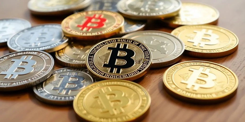 Diversas moedas digitais sobre uma superfície de madeira.