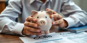 Pessoa segurando um porquinho e documentos de investimento.