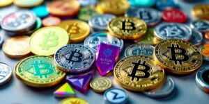 Imagem de moedas de Bitcoin e outras criptomoedas.