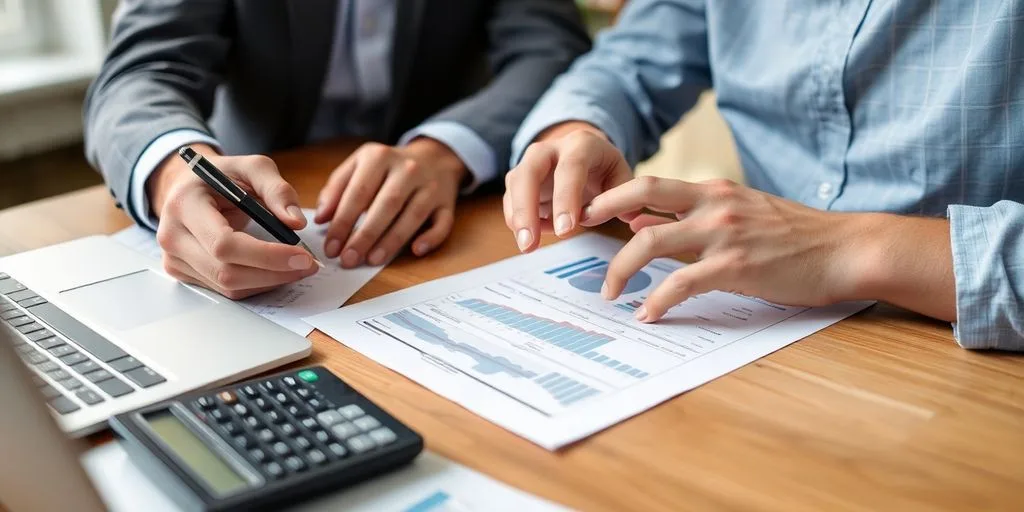 Consultor financeiro e cliente discutindo investimentos.