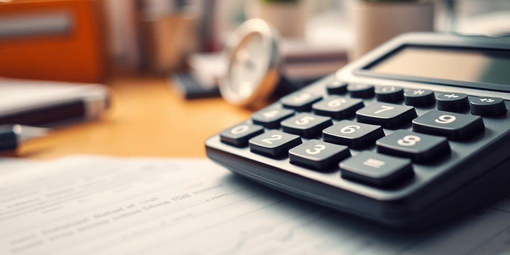 Calculadora financeira em ambiente de escritório.