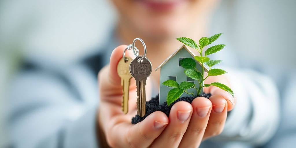 Pessoa segurando chave de casa e planta verde.