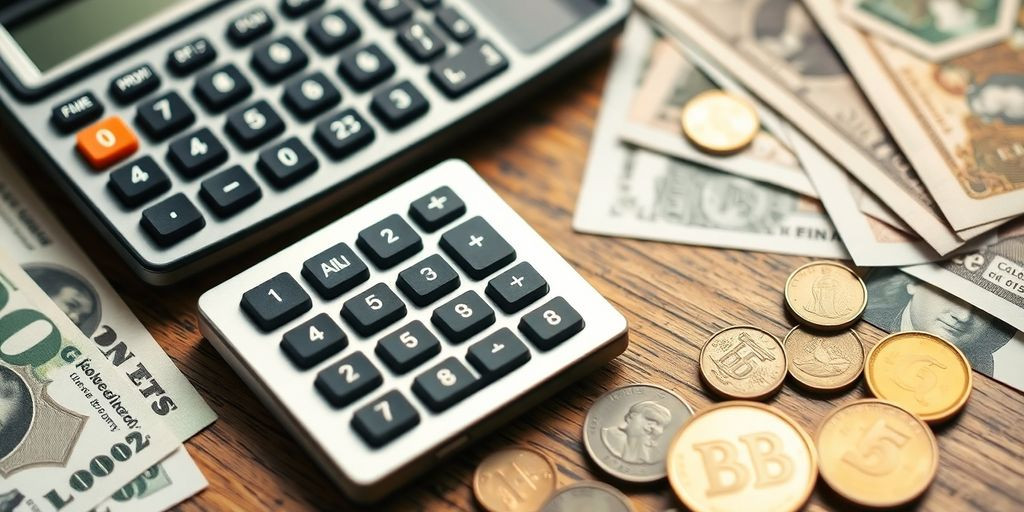 Calculadora financeira com dinheiro em papel e moedas.